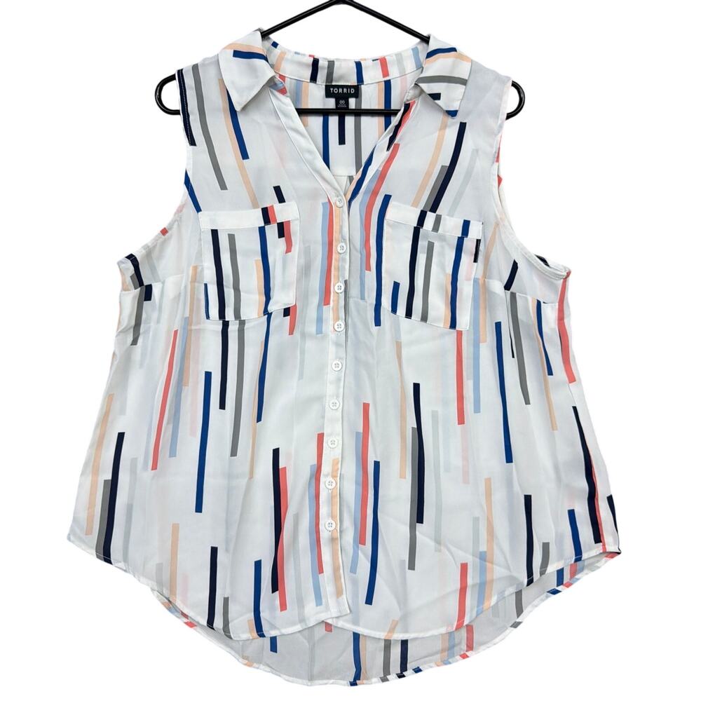 Torrid Womens Blouse White V Neck Button Down Sleeveless Geometric Stripes 00